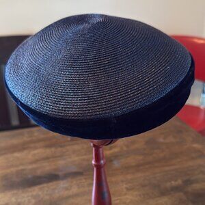 Vintage Eva Mae Mode Pillbox Hat of Distinction Dark Blue/Black Velvet and Straw